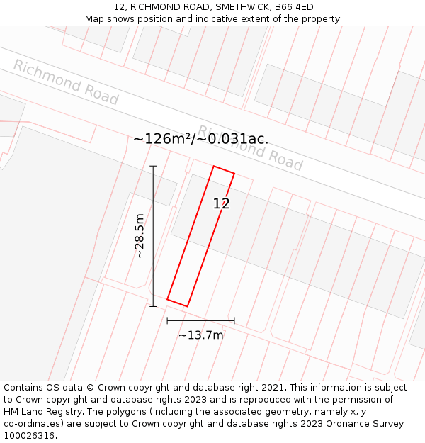 12, RICHMOND ROAD, SMETHWICK, B66 4ED: Plot and title map