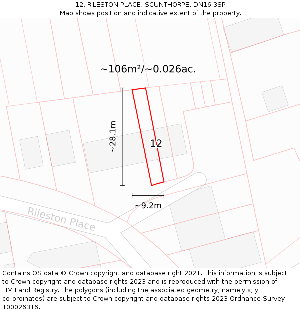 12, RILESTON PLACE, SCUNTHORPE, DN16 3SP: Plot and title map