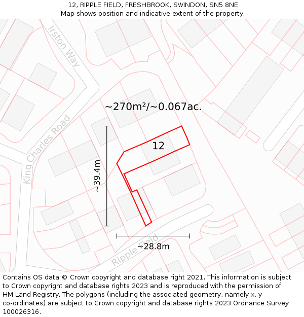 12, RIPPLE FIELD, FRESHBROOK, SWINDON, SN5 8NE: Plot and title map