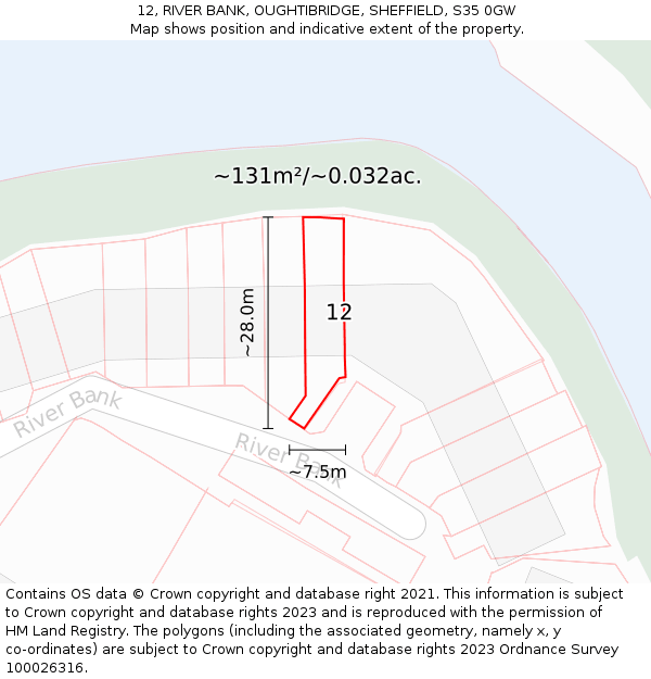 12, RIVER BANK, OUGHTIBRIDGE, SHEFFIELD, S35 0GW: Plot and title map