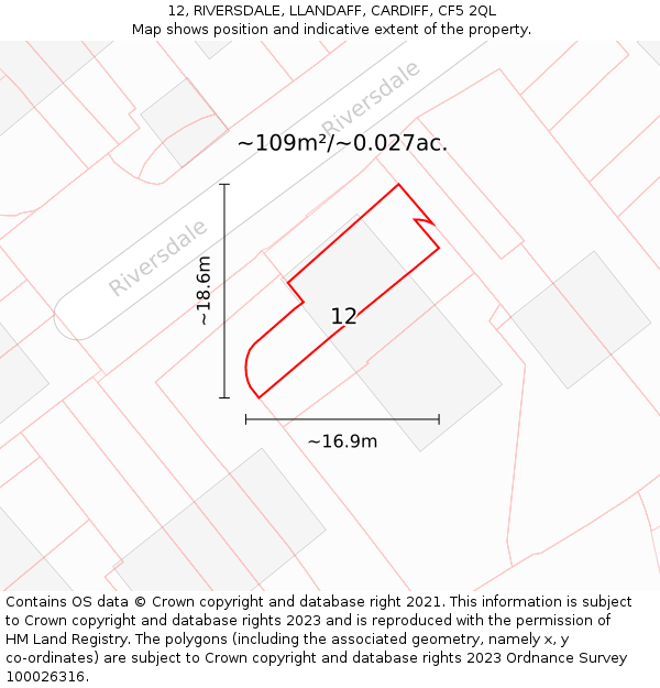 12, RIVERSDALE, LLANDAFF, CARDIFF, CF5 2QL: Plot and title map