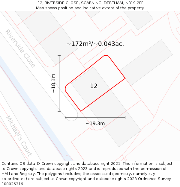 12, RIVERSIDE CLOSE, SCARNING, DEREHAM, NR19 2FF: Plot and title map