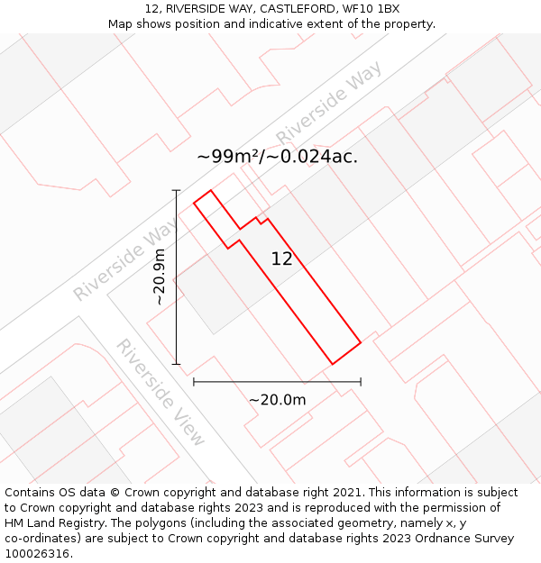 12, RIVERSIDE WAY, CASTLEFORD, WF10 1BX: Plot and title map