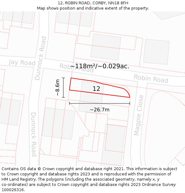 12, ROBIN ROAD, CORBY, NN18 8FH: Plot and title map
