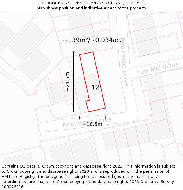12, ROBINSONS DRIVE, BLAYDON-ON-TYNE, NE21 5GF: Plot and title map