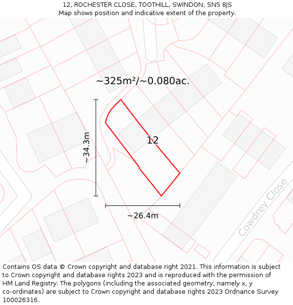12, ROCHESTER CLOSE, TOOTHILL, SWINDON, SN5 8JS: Plot and title map