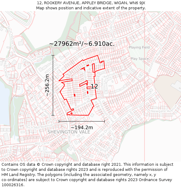 12, ROOKERY AVENUE, APPLEY BRIDGE, WIGAN, WN6 9JX: Plot and title map
