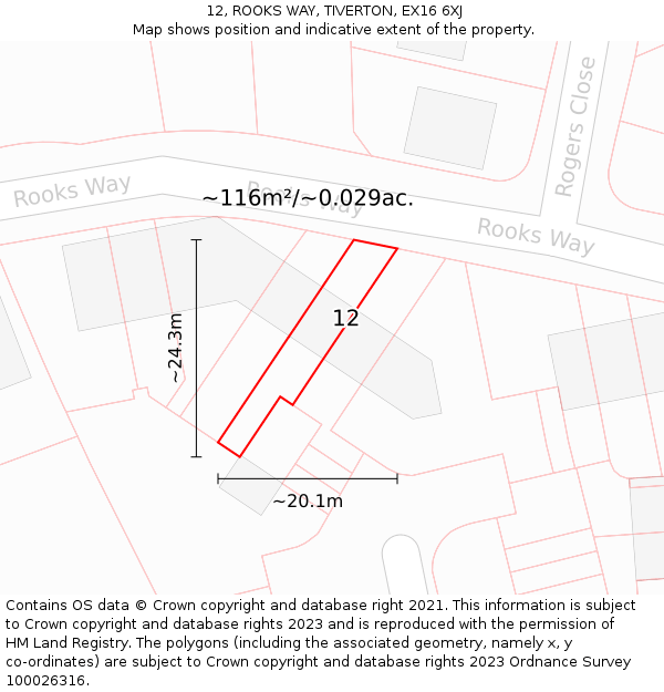 12, ROOKS WAY, TIVERTON, EX16 6XJ: Plot and title map