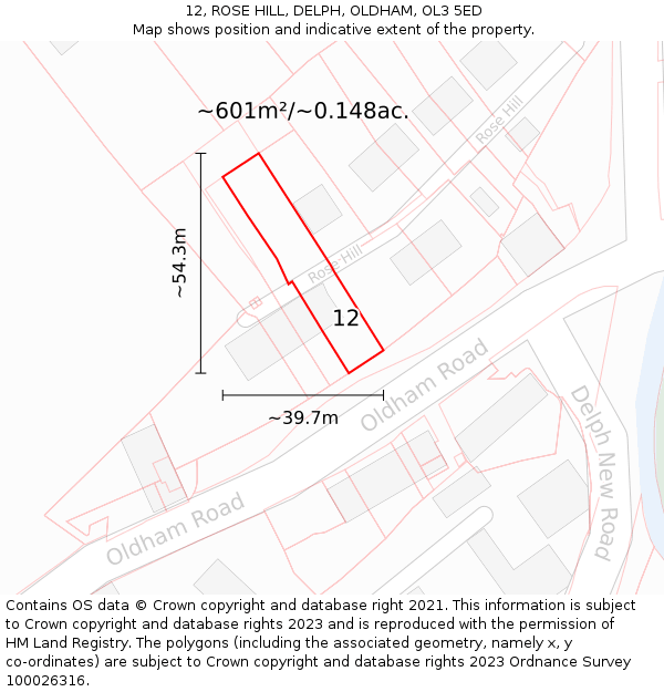 12, ROSE HILL, DELPH, OLDHAM, OL3 5ED: Plot and title map