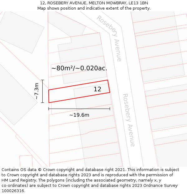 12, ROSEBERY AVENUE, MELTON MOWBRAY, LE13 1BN: Plot and title map