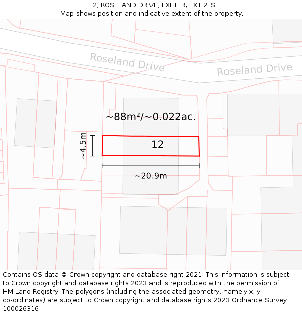 12, ROSELAND DRIVE, EXETER, EX1 2TS: Plot and title map