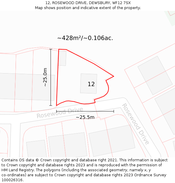 12, ROSEWOOD DRIVE, DEWSBURY, WF12 7SX: Plot and title map