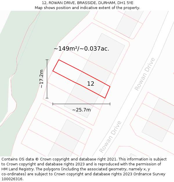 12, ROWAN DRIVE, BRASSIDE, DURHAM, DH1 5YE: Plot and title map