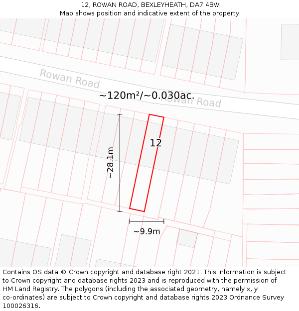 12, ROWAN ROAD, BEXLEYHEATH, DA7 4BW: Plot and title map