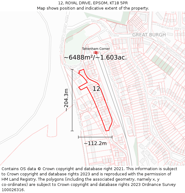 12, ROYAL DRIVE, EPSOM, KT18 5PR: Plot and title map