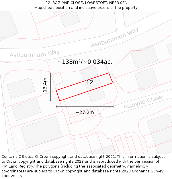 12, ROZLYNE CLOSE, LOWESTOFT, NR33 9EN: Plot and title map