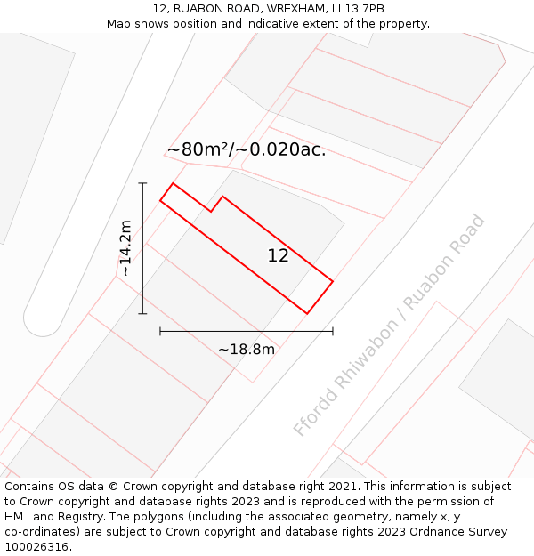 12, RUABON ROAD, WREXHAM, LL13 7PB: Plot and title map