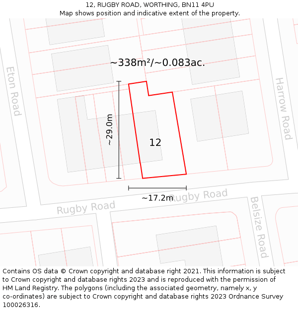 12, RUGBY ROAD, WORTHING, BN11 4PU: Plot and title map