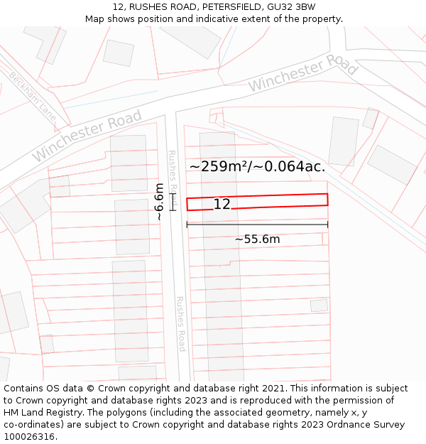 12, RUSHES ROAD, PETERSFIELD, GU32 3BW: Plot and title map