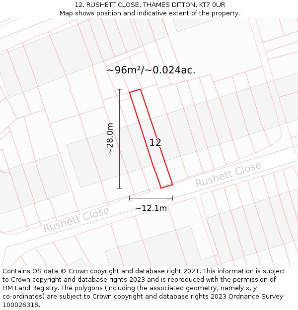 12, RUSHETT CLOSE, THAMES DITTON, KT7 0UR: Plot and title map