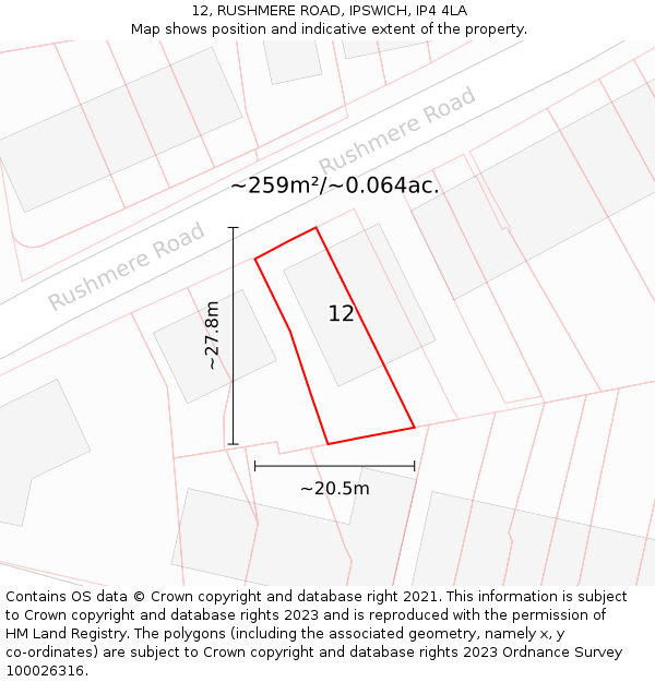 12, RUSHMERE ROAD, IPSWICH, IP4 4LA: Plot and title map