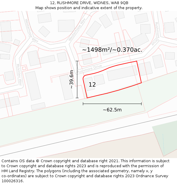 12, RUSHMORE DRIVE, WIDNES, WA8 9QB: Plot and title map
