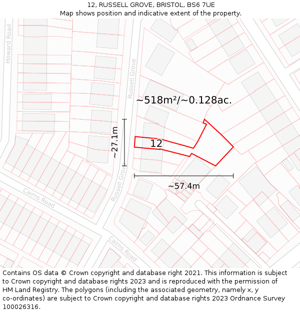 12, RUSSELL GROVE, BRISTOL, BS6 7UE: Plot and title map