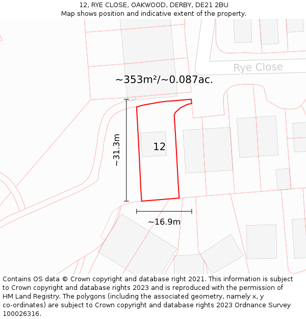 12, RYE CLOSE, OAKWOOD, DERBY, DE21 2BU: Plot and title map