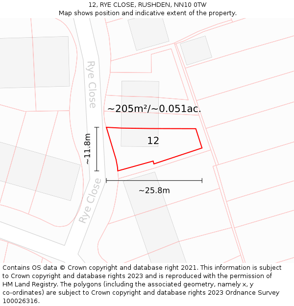 12, RYE CLOSE, RUSHDEN, NN10 0TW: Plot and title map