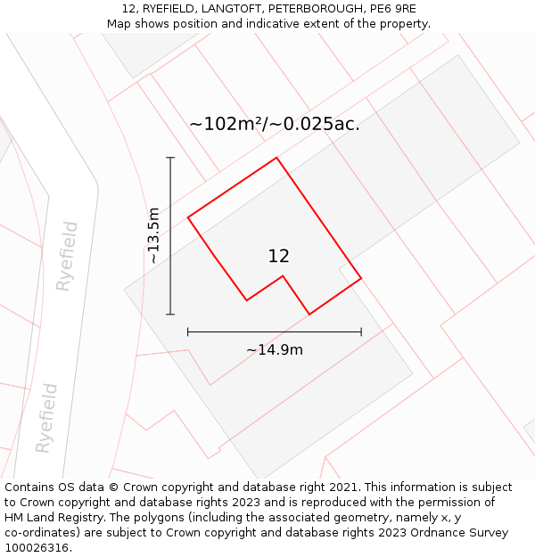 12, RYEFIELD, LANGTOFT, PETERBOROUGH, PE6 9RE: Plot and title map