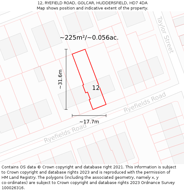12, RYEFIELD ROAD, GOLCAR, HUDDERSFIELD, HD7 4DA: Plot and title map