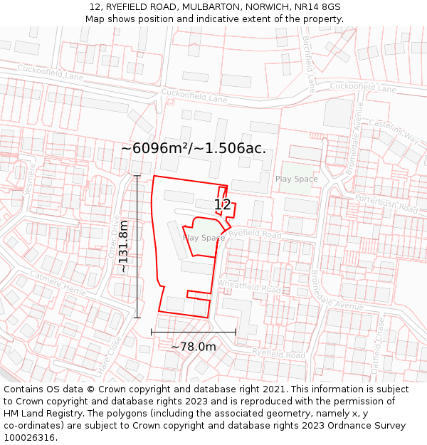 12, RYEFIELD ROAD, MULBARTON, NORWICH, NR14 8GS: Plot and title map