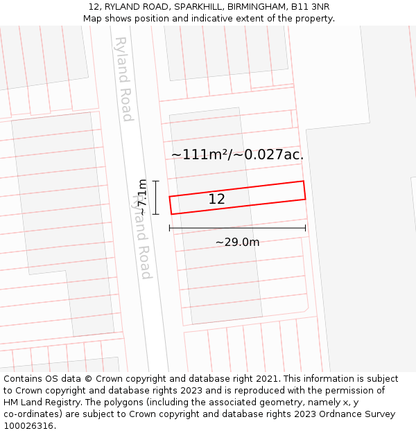 12, RYLAND ROAD, SPARKHILL, BIRMINGHAM, B11 3NR: Plot and title map