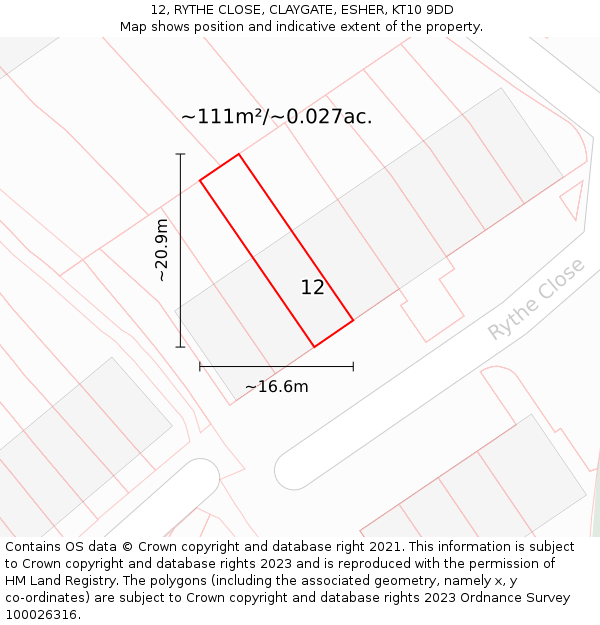 12, RYTHE CLOSE, CLAYGATE, ESHER, KT10 9DD: Plot and title map