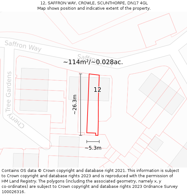 12, SAFFRON WAY, CROWLE, SCUNTHORPE, DN17 4GL: Plot and title map