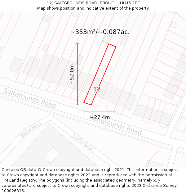 12, SALTGROUNDS ROAD, BROUGH, HU15 1EG: Plot and title map
