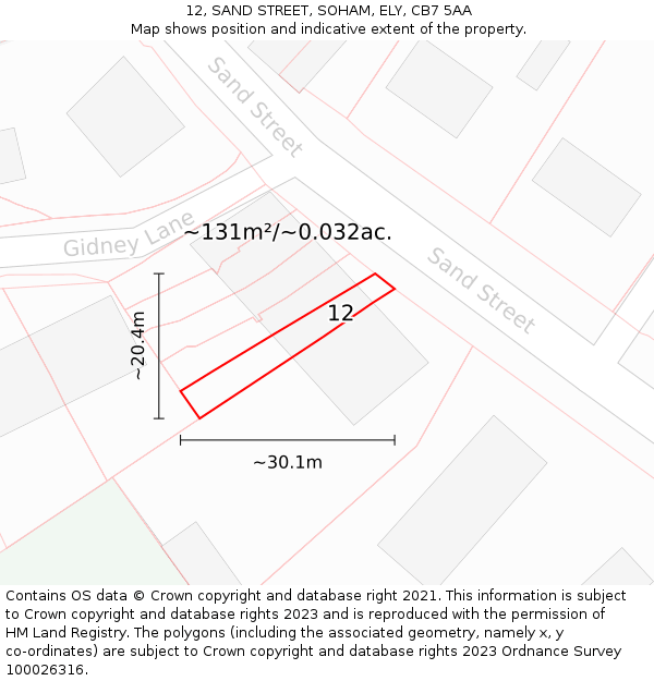 12, SAND STREET, SOHAM, ELY, CB7 5AA: Plot and title map