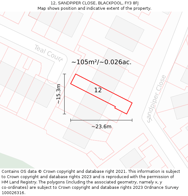 12, SANDPIPER CLOSE, BLACKPOOL, FY3 8FJ: Plot and title map