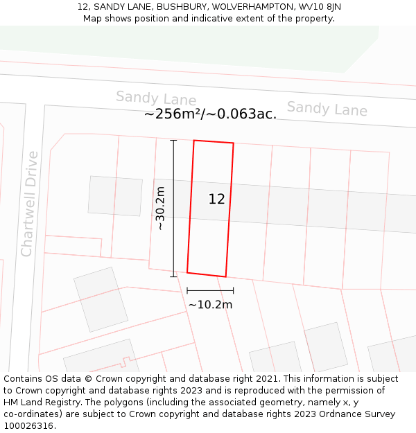 12, SANDY LANE, BUSHBURY, WOLVERHAMPTON, WV10 8JN: Plot and title map