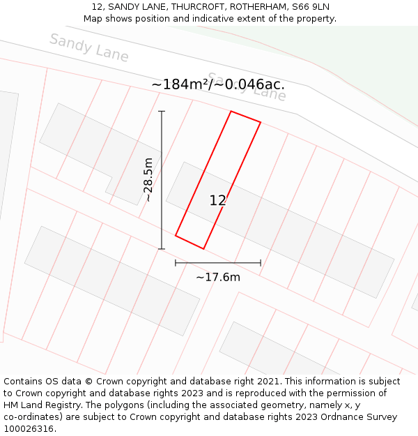 12, SANDY LANE, THURCROFT, ROTHERHAM, S66 9LN: Plot and title map