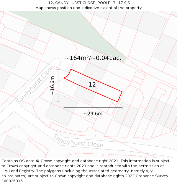 12, SANDYHURST CLOSE, POOLE, BH17 9JS: Plot and title map