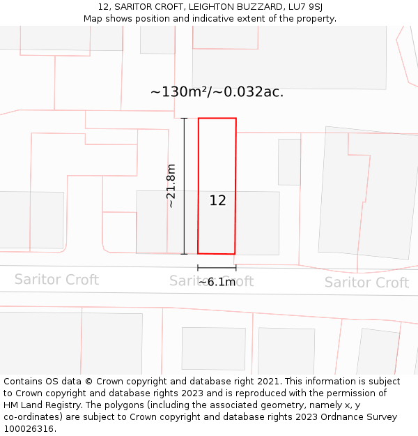 12, SARITOR CROFT, LEIGHTON BUZZARD, LU7 9SJ: Plot and title map