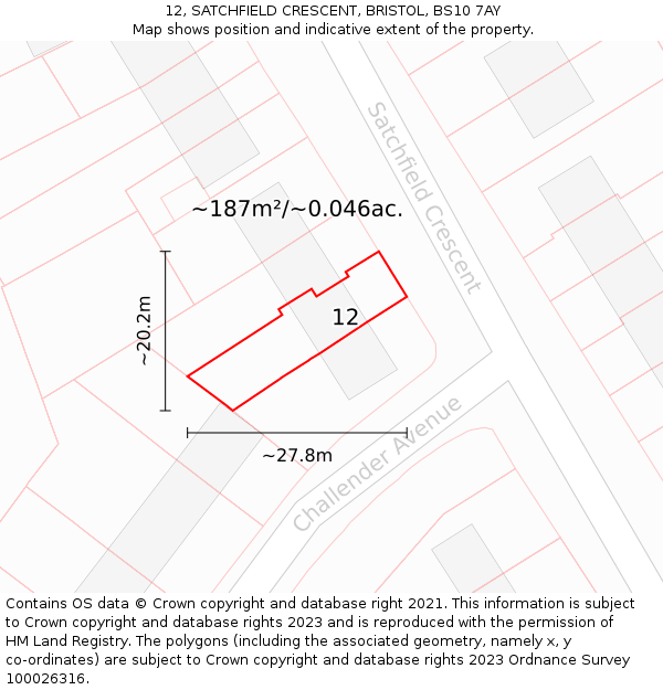 12, SATCHFIELD CRESCENT, BRISTOL, BS10 7AY: Plot and title map