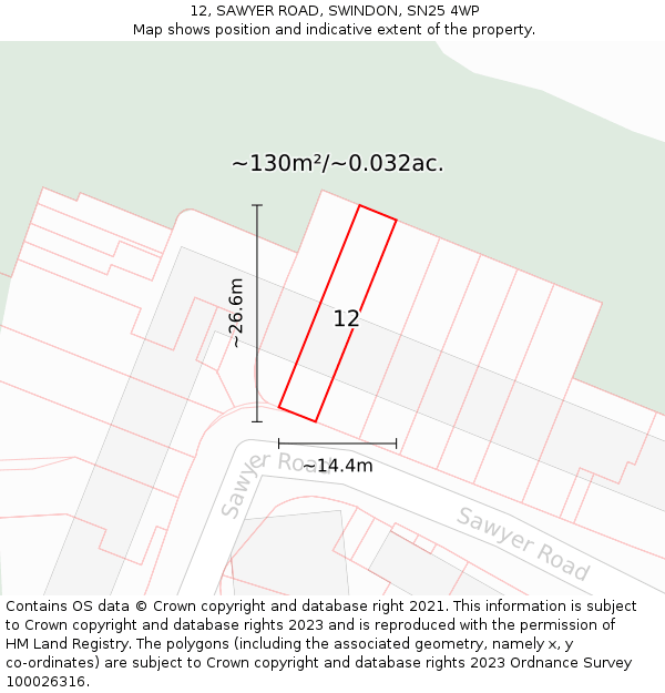 12, SAWYER ROAD, SWINDON, SN25 4WP: Plot and title map
