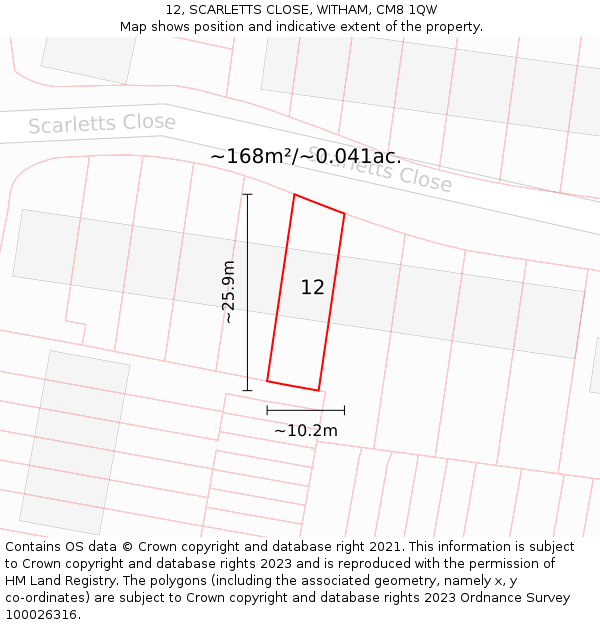12, SCARLETTS CLOSE, WITHAM, CM8 1QW: Plot and title map