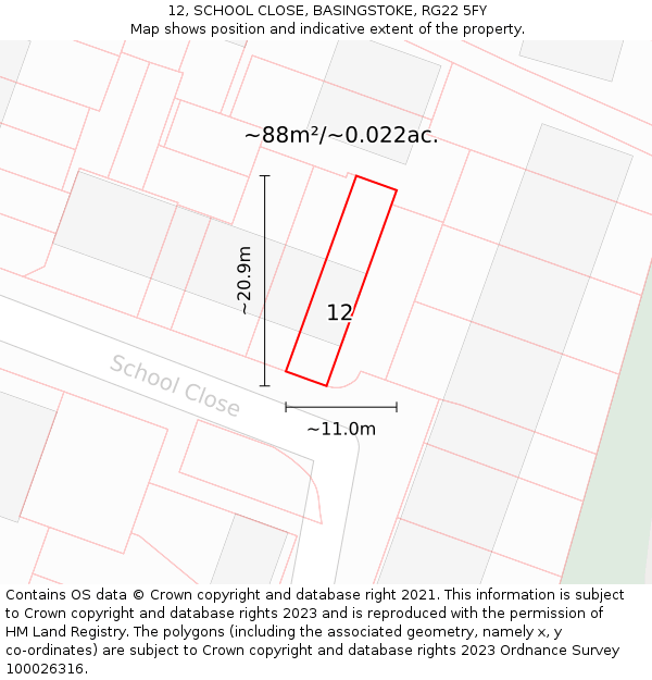 12, SCHOOL CLOSE, BASINGSTOKE, RG22 5FY: Plot and title map