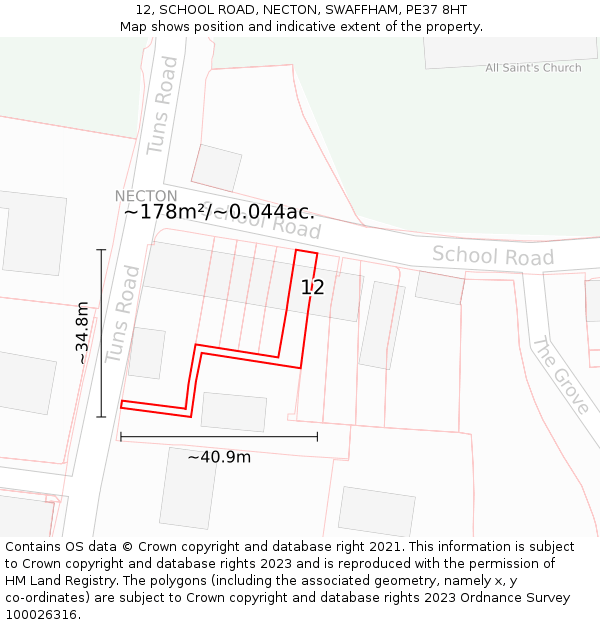 12, SCHOOL ROAD, NECTON, SWAFFHAM, PE37 8HT: Plot and title map