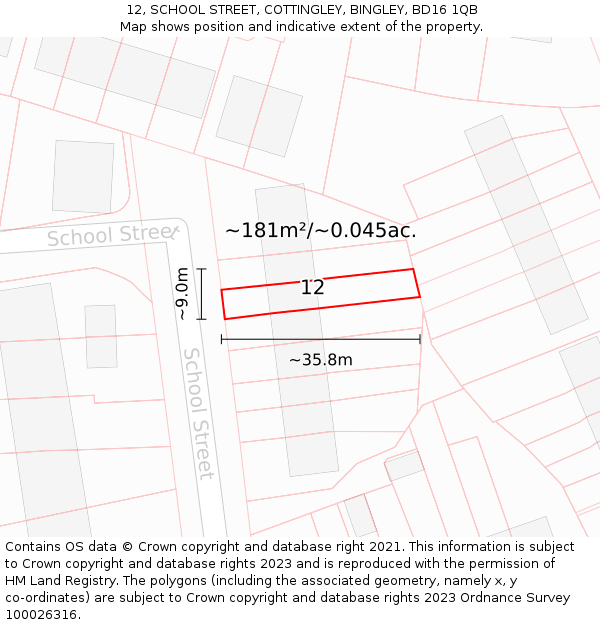 12, SCHOOL STREET, COTTINGLEY, BINGLEY, BD16 1QB: Plot and title map