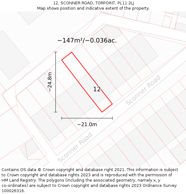 12, SCONNER ROAD, TORPOINT, PL11 2LJ: Plot and title map