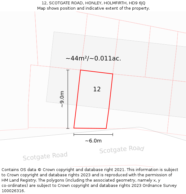 12, SCOTGATE ROAD, HONLEY, HOLMFIRTH, HD9 6JQ: Plot and title map